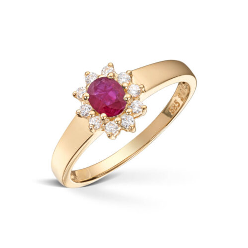 Diamonds by Frisenberg - Ring i gult gull - Rubin og diamanter rundt - Totalt 0,14 ct
