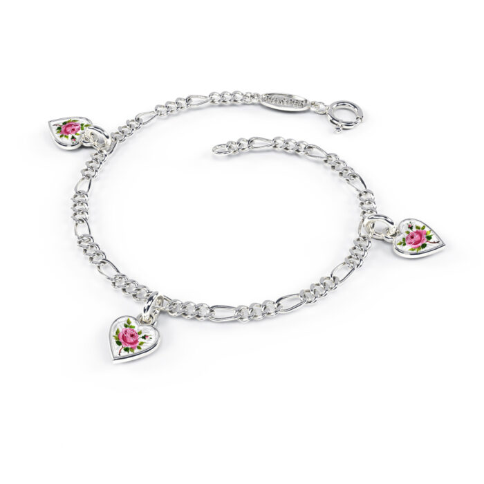 Pia&Per – Charms-armbånd i sølv med glassemalje, rosemotiv hjerter