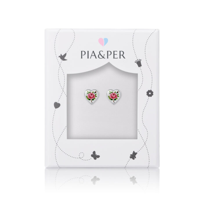 220610 2 Pia&Per - Hjerte ørepynt i sølv og glassemalje, rosemotiv