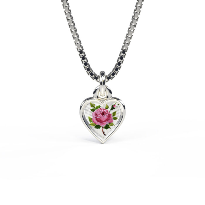 220710 1 Pia&Per - Hjerte halssmykke i sølv med håndmalt rosemotiv - Liten
