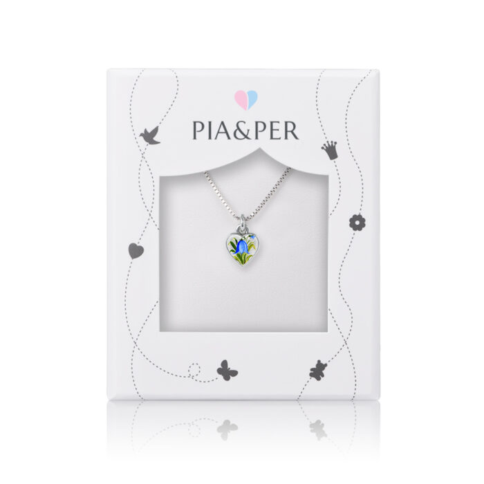 220720 2 Pia&Per - Hjerte halssmykke i sølv med håndmalt blåklokkemotiv - Liten