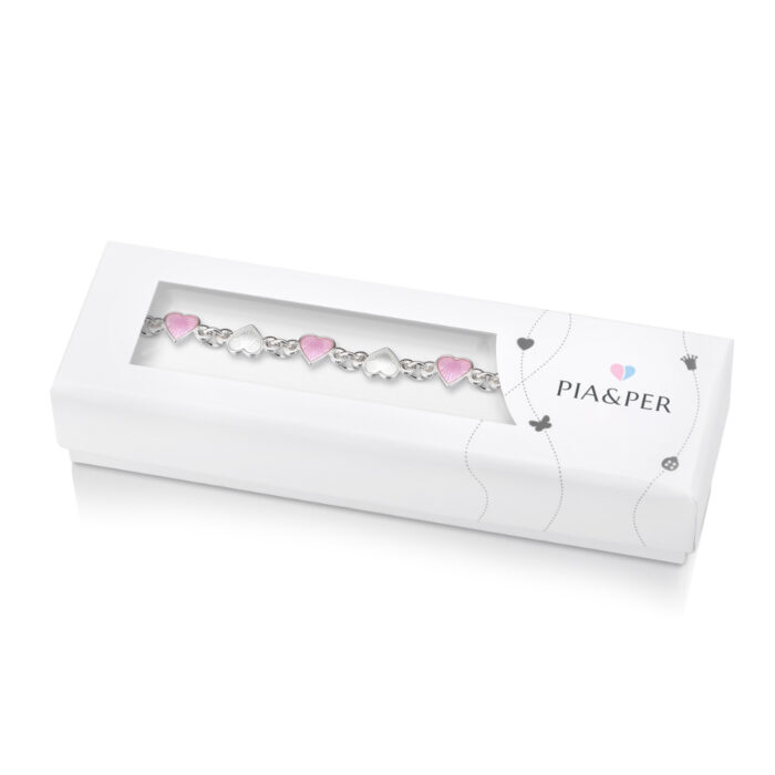 Pia&Per - Armbånd i sølv med hvit og lyserosa glassemalje, hjerter