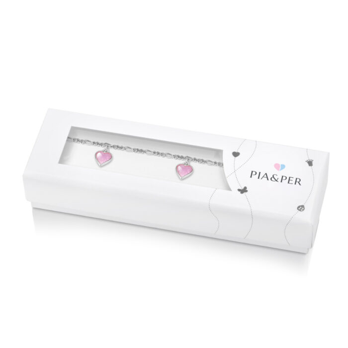 22501 2 Pia&Per - Charms-armbånd i sølv med glassemalje, rosa hjerter