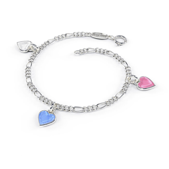 22504 1 Pia&Per – Charms-armbånd i sølv med glassemalje, rosa, lyseblå og hvite hjerter