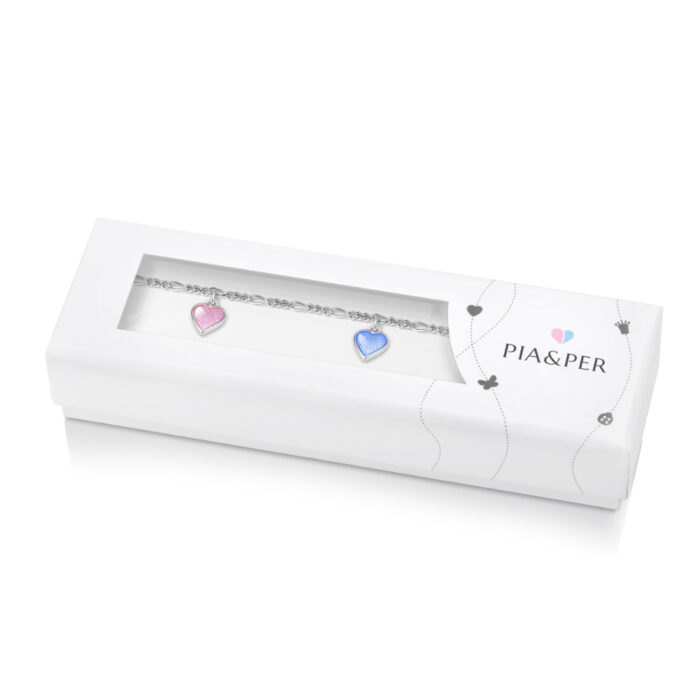 22504 2 Pia&Per – Charms-armbånd i sølv med glassemalje, rosa, lyseblå og hvite hjerter