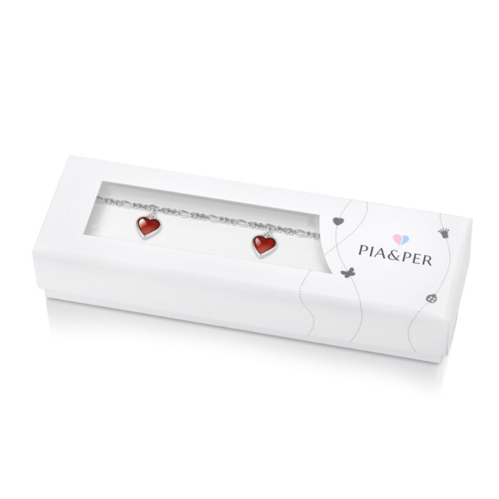 22511 2 Pia&Per – Charms-armbånd i sølv med glassemalje, røde hjerter