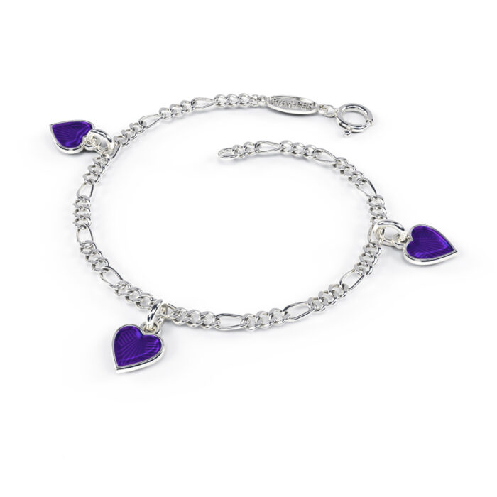 Pia&Per – Charms-armbånd i sølv med glassemalje, lilla hjerter