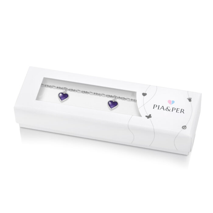 22518 2 Pia&Per – Charms-armbånd i sølv med glassemalje, lilla hjerter