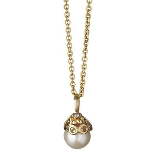 Lene Visholm- Anheng med perle og liten diamant- gull