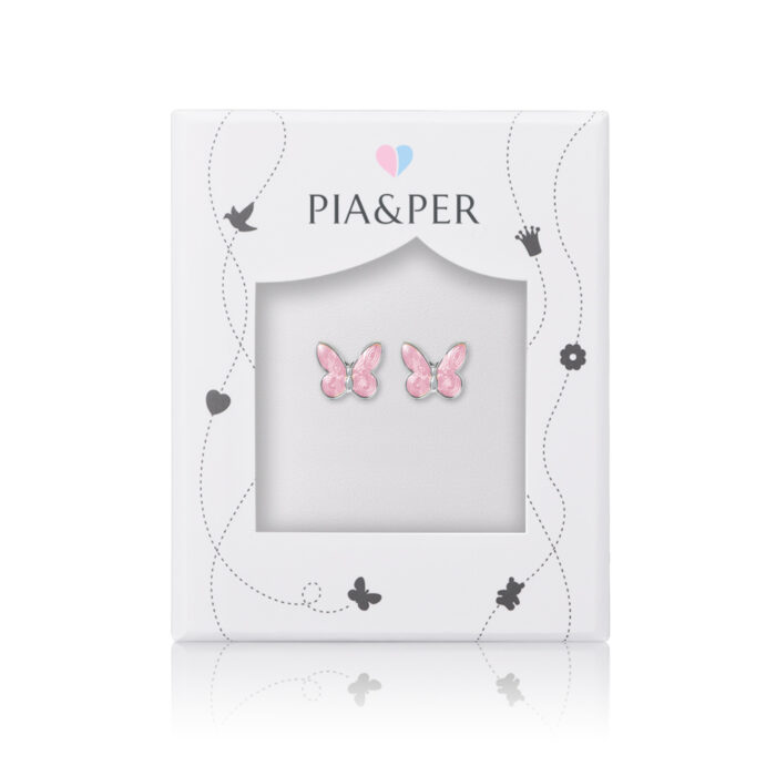 32601 2 Pia&Per - Ørepynt i sølv med rosa glassemalje, sommerfugl