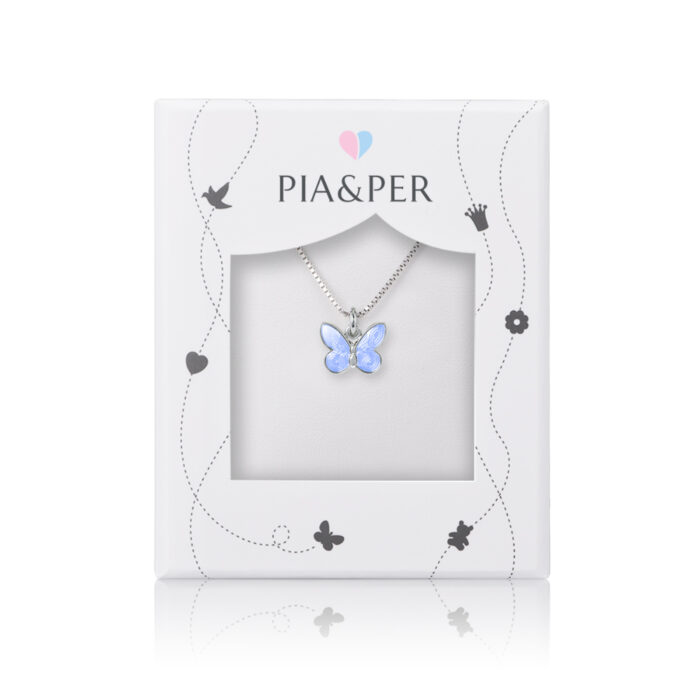 32702 2 Pia&Per - Halssmykke i sølv med glassemalje, lyseblå sommerfugl