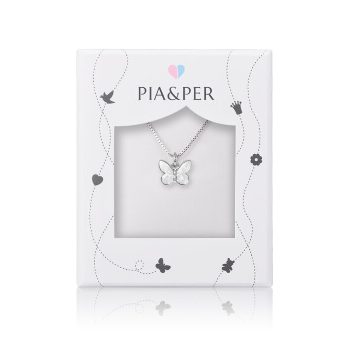 32703 2 Pia&Per - Halssmykke i sølv med glassemalje, hvit sommerfugl