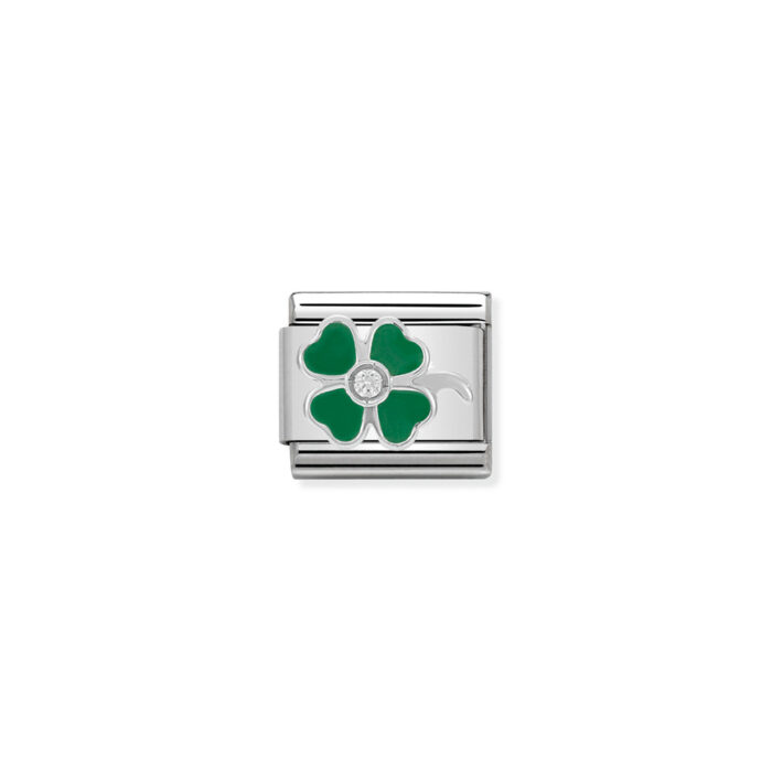 330305 13 01 Nomination - Composable CL SIMBOLS stainless steel, enamel, 1 Cub. Zirc and 925 sterling silver GREEN clover