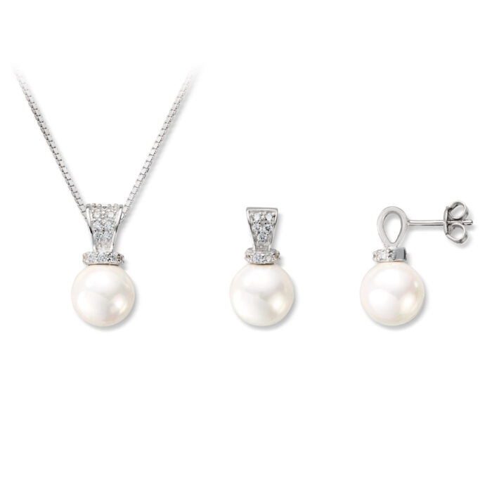 40 70118 650 550 490 Silver by Frisenberg - Sett i sølv med zirkoniasteiner og perler - halssmykke og perler