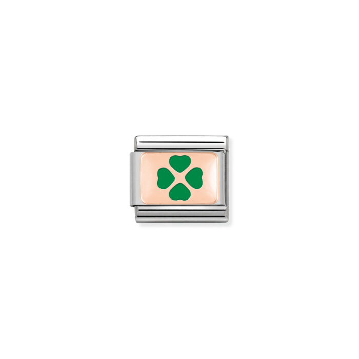 Nomination - Composable Classic PLATES in stainless steel with 9k rose gold and enamel Green Four-Leaf Clover