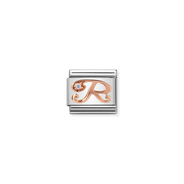 430310 18 01 Nomination - Composable Classic LETTERS steel, zircon and 9k rose gold R