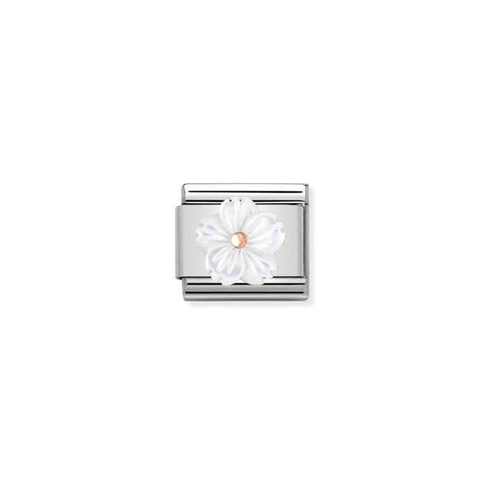 430510 02 01 Nomination - Composable Classic STONE SYMBOLS in stainless steel and 9k rose gold Flower in WHITE MOTHER OF PEAR