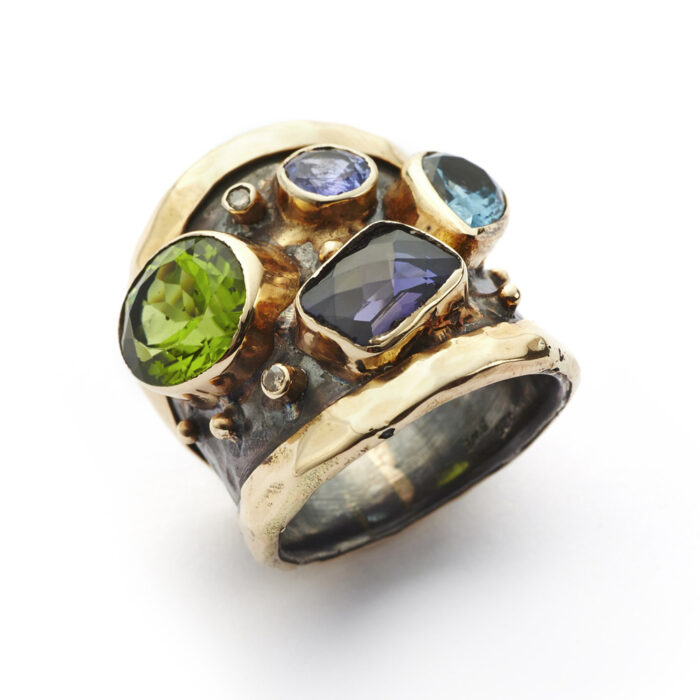 50110014 Mix GreenBlue Ring Empire Gold Fac Stone BY BIRDIE-sølv-sort rhodinert-ring-Mix GreenBlue Empire Gold