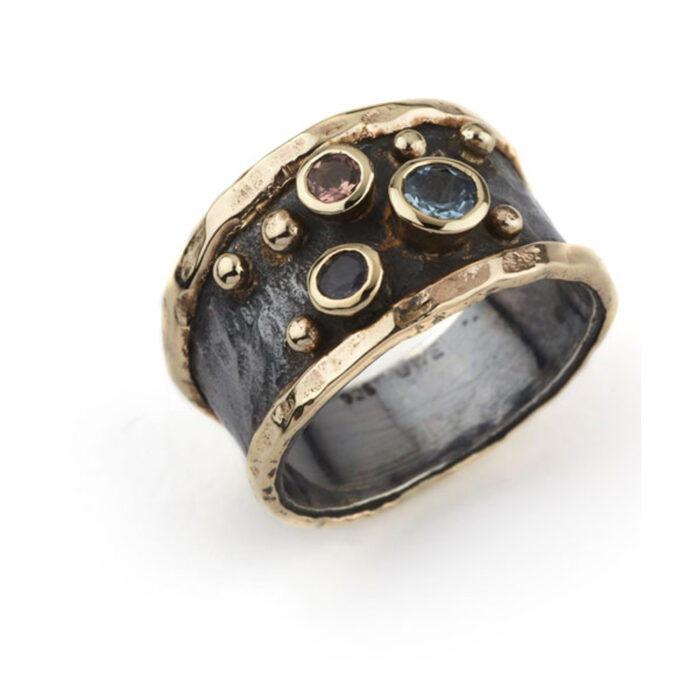 50110080 1 BY BIRDIE-sølv- sort rhodinert-Ring-Empire Slim Stones med smykkesteiner og gull