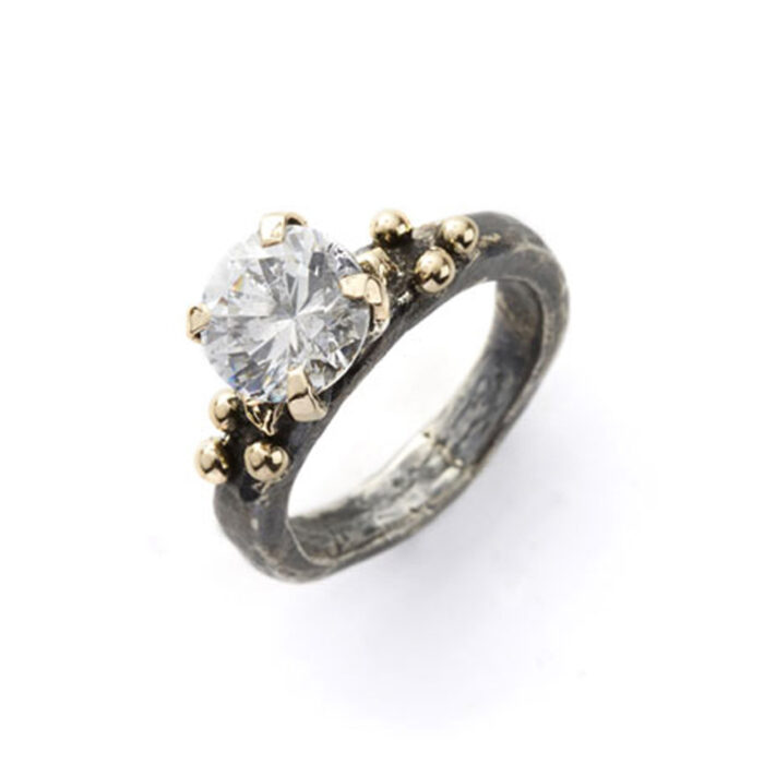 50110091 1 BY BIRDIE-sølv- sort rhodinert-Ring-Rockefeller med krystall og gult gull