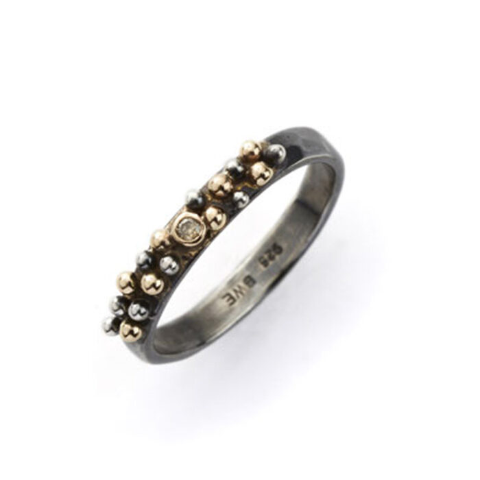 50110096 1 BY BIRDIE-sølv- sort rhodinert-Ring-Harlem Shake med diamant, gull og sølv kuler