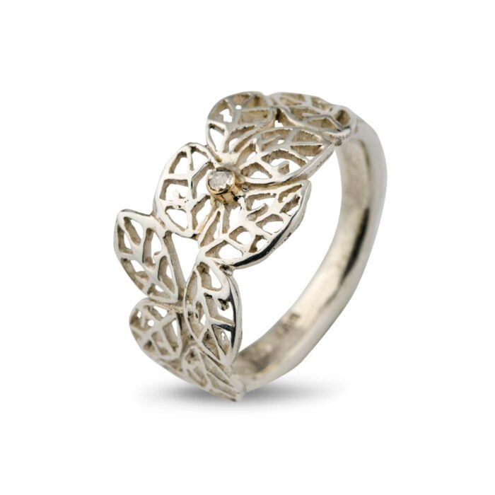50110300 By Birdie - Beech Leaves Polished sølvring med diamant