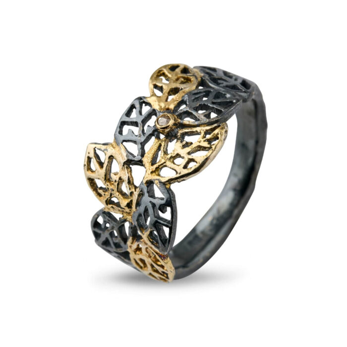 By Birdie - Ring Beech Leaves Golden mix - 0,02 ct diamanter