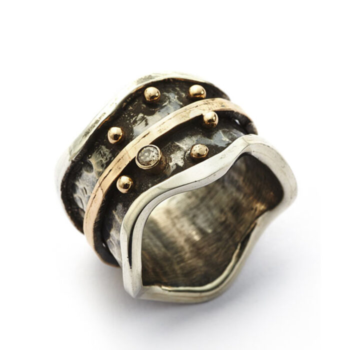 5011124 1 BY BIRDIE-sølv- sort rhodinert-Ring-Antique Equator med diamant og gult gull