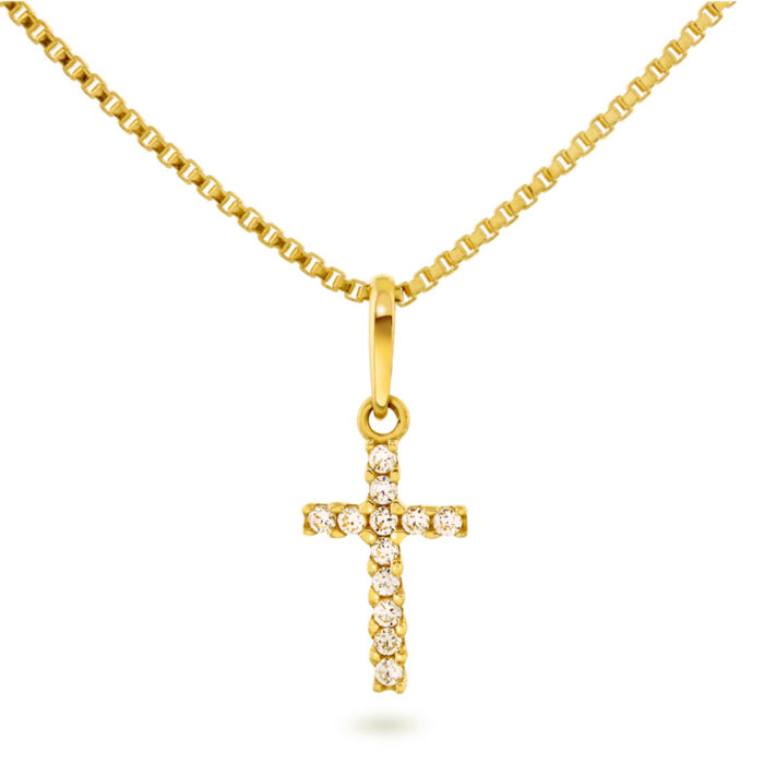 52087 Pia & Per – Halssmykke med kors i gult gull og zirkonia