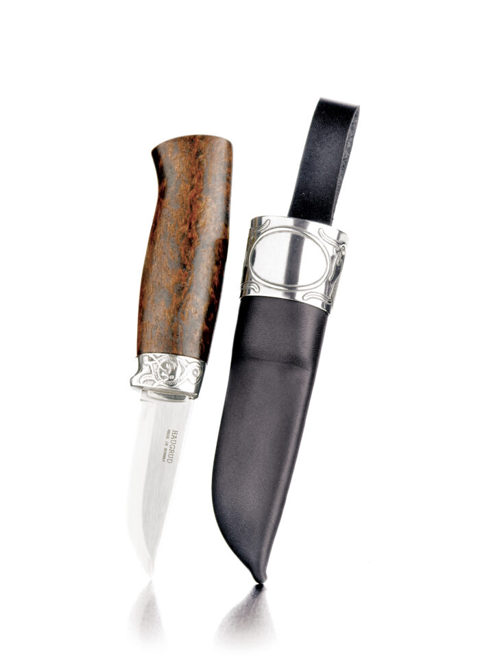 73 005156 Sylvsmidja - Haugrud - Oseberg slirekniv med bjørkeskaft og tinnbeslag - Lengde: 21 cm