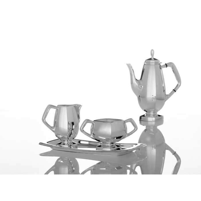9063 kaffeservise kantet Th.Marthinsen-Sølv Kaffekanne med sukkerkopp, fløtemugge og fløtesettbrett i sølv