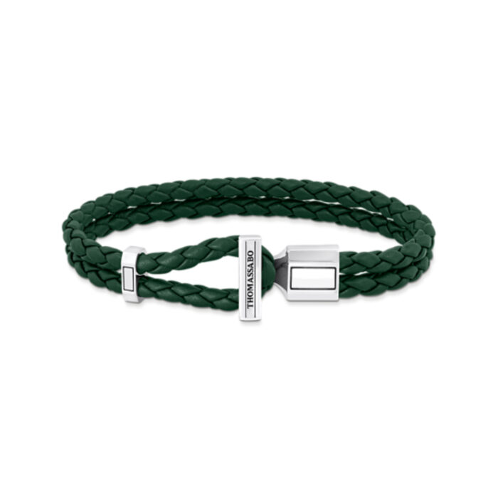 A2148 682 6 Thomas Sabo - Dobbelt armbånd med flettet grønt skinn og sølv lås - Rebel Wolf & Crystals