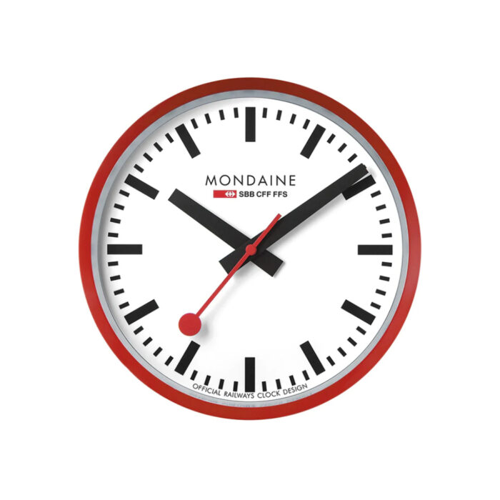 a990.clock .11sbc Mondaine Veggklokke - Rød ramme og sorte visere - 25 cm