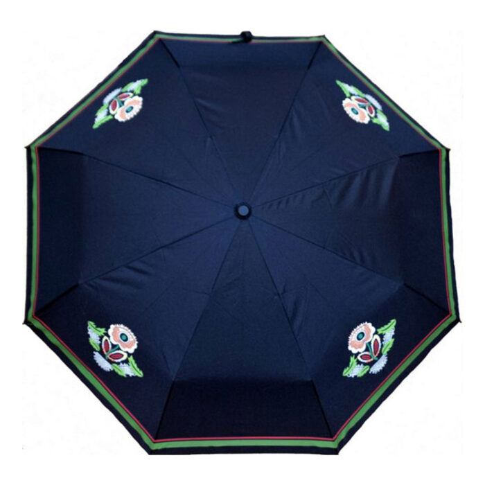 paraply11 Bunadsparaply-Østfold-sort-grønn kant- Solid paraply av meget god kvalitet. Håndsilketrykk.
